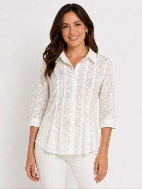 Charter Club Sheer 3/4 White Floral Print Pintuck Button Front Blouse Top 12